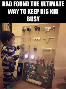 Toddler plays with a homemade activity board."Dad found the ultimate way to keep his kid busy"